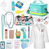 Sundaymot Arztkoffer Kinder Holz Spielset, Doktorkoffer Mit Echtem Stethoskop, Thermometer, Arztkittel und Tragbare Doktortasche, Rollenspiel Spielzeug ab 3 Jahre