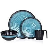 Camping Geschirr Set 1 Person 4-teilig | Melamin | Picknick Geschirrset | Campinggeschirr Stone Blue Design