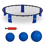 Relaxdays Roundnet Set, Netz, 3 Bälle, Ballpumpe & Tragetasche, Outdoor Ballspiel, Strand, Garten, Park, schwarz/blau