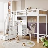 TOBIDOEN Hochbett 90x200 cm, Schreibtisch mit Schubladen, Kinderbett Jugendbett mit 4-Stufen-Leiterschrank und Lagerregal, Bettgestell mit Rausfallschutz & Lattenrost, Kiefer, Weiß+Natur
