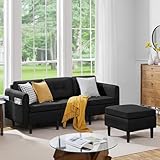 Yaheetech Ecksofa mit Schlaffunktion Sofa 3-Sitzer mit Polsterhocker aus Leinenstoff Eckcouch in L-Form Rechts/Links fürs Wohnzimmer/Schlafzimmer/Wohnung, Schwarz