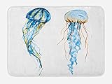 Ambesonne Quallen-Badematte, niedliche Quallen, exotische Meerestiere, Wassertiere, Aquarell, Raster Grafik, Plüsch-Badezimmerdekormatte mit rutschfester Unterseite, 74 x 44 cm, Blau