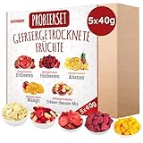 Probierset gefriergetrocknete Früchte 5x40g, fruchtige gefriergetrocknete Erdbeeren, Himbeeren, Ananas, Mango und Erdbeer-Bananen-Mix, frei von Zusatzstoffen, in Deutschland hergestellt