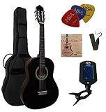 3/4 GITARRE - KONZERTGITARRE IM SET - CLASSIC - SCHWARZ - DECKE LINDENHOLZ - TASCHE - BAND - SAITEN - 3xPIK - STIMMGERÄT ET33B - C5