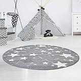 carpet city Kinderteppiche Sterne Motiv Grau 120x120 cm Rund Glanzgarn Spielteppich