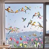 Hianjoo Fensterbilder Frühling Deko Selbstklebend, Vogel Blumen Aufkleber Fenster Fensterbilder Kinder, Fenstersticker Fensterfolie Wiederverwendbar für Fensterdeko