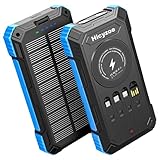 Solar Powerbank, 26800 mAh tragbares Ladegerät mit 4 integrierten Kabeln, Solar-Akkuladegerät mit USB-C Schnellladung, Qi-Wireless-Charging mit LED-Taschenlampen, für Handys, Tablets und Camping