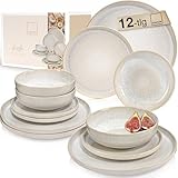 SÄNGER | Geschirrset Korfu 12 tlg, Tafelservice 4 Personen, Steingut Geschirr Handmade, Teller Set inkl. Essteller Dessertteller Tiefe Teller Creme Farben mit Sandiger Maserung | PREMIUM COLLECTION