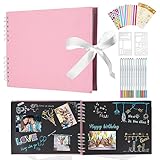 DazSpirit Fotoalbum 29,5 X 21cm Fotoalbum Zum Selbstgestalten Schwarz Fotobuch Mit 80 Seiten Scrapbook, Für 240 Bilder, Inkl.12 Metallic Farbmarker, Gästebuch Für Geburtstag Und Hochzeit, Rosa