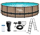 Summer Waves Frame Pool Komplettset | Rund 488x122 cm Teak Optik Braun | Aufstellpool Set | Gartenpool & Schwimmbecken inkl. Filterpumpe, Einstiegsleiter, Abdeckplane, Bodenvlies & Reinigungsset