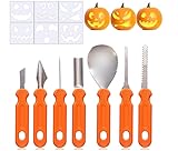 TUZHE 7 STK Halloween Kürbis Schnitzset, Kürbis Schnitzen Set mit 6 PVC schnitzvorlagen DIY Halloween Dekoration Edelstahl Kürbis Schnitzwerkzeuge für Kinder und Familie