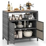 GYMAX Rattan Gartenschrank, Aufbewahrungsschrank mit Doppeltür, Buffetschrank mit Akazienholz Arbeitsplatte & offenes Regal, Haushaltsschrank, Beistellschrank für Balkon & Pool, 90x53x86cm (Grau)