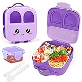 Bento Box Kinder, Brotdose Kinder mit 4 Fächern Kindergarten Lunchbox Auslaufsicher Bento Box mit Saucenglas Löffel Gabel Vesperdose kinder für Mikrowellen Spülmaschinen für Schule und Picknick (Lila)