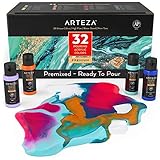 ARTEZA Pouring Acrylfarbe, 32 Stück-Set, 60 ml Flaschen mit vielen Farbtönen, flüssige Gießfarbe, kein Mischen erforderlich, Farbe zum Gießen auf Leinwand, Glas, Papier, Holz, Fliesen und Steine