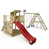 WICKEY Spielturm Klettergerüst Smart Nest mit Schaukel & Rutsche, Sandkasten, Surfswing mit Kletteranbau, Kinder Kletterturm mit Kletterwand & Spiel-Zubehör - rot