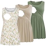 Bearsland Women's Maternity Nursing Tank Tops Sleeveless Scoop Neck Soft Breastfeeding Shirt, Khaki&Gray Green&Green White Flower,XXL
