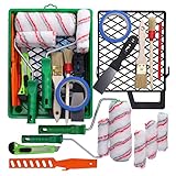 ToolSpace Malerset 2x Farbrollenset +2x Malerpinsel + Malerband +, Farbwanne + Abdeckfolie + farbroller + Farbrührstab + Abbrechmesser + Zimmermannsbleistift + Malerspachtel malergitter