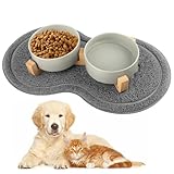 Hundenapf Keramik, 400ML Doppel Futternapf Hund, mit Bambus Ständer und Rutschfestem Matte, Keramik Futternapf Katze, Erhöhter Futternapf Set, Fressnapf Hund für Kleine Bis Mittlere Hunde (Grau)