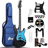 Winzz Erwachsene E-Gitarre 4/4 Größe, HSS Tonabnehmer, E-Gitarre ST für Anfänger Starter Paket mit 12 Zubehör, Ideal Kinder E-Gitarre Kit 12+ Jahre (39' Matte Schwarz, Blau Schlagbrett)