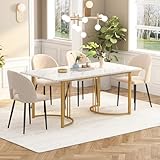 Merax Esstisch 140x80cm,Rechteckiger Marmormuster Esstisch, für 4-6 Personen, Metallrahmen, verstellbareTischbeine, geeignet für Restaurant, Wohnzimmer, Küche,Wohnzimmer, Weiß/Gold