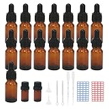 Episkey 15 Stück 10ml Pipettenflasche, Tropfflasche Braunglasflaschen Set inkl. 5ml mit schwarzer Pipettenkappe und Hilfszubehör für Ätherische Öle Parfüm Lösungen DIY-Probenmischungen (10ml)