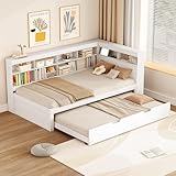 MYBOO Tagesbett Schlafsofa 90x200 cm, Holz Multifunktionsbett mit Ausziehbarem Bett 90x190 cm, USB-Steckdose und Mehreren Ablagefächern, Einzelbett Massivholzbett mit Lattenrost, Ohne Matratze, Weiß