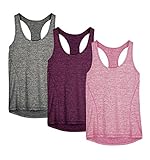 icyzone Damen Sporttop Yoga Tank Top Ringerrücken Oberteil Laufen Fitness Funktions Shirt, 3er Pack (XL, Charcoal/Red Bud/Pink)