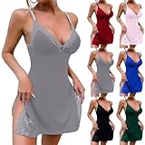 Nachthemd Damen Kurz Sexy Babydoll Dessous Für Frauen Spitze Chemise Sexy Nachtwäsche Kleid Träger Nachtkleid Einfarbig Schlafanzug Ärmelloses Unterkleid V-Ausschnitt Sommerkleid Sleepshirt