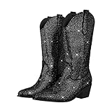 blingqueen Cowboy Stiefel Damen Glitzer Boots Western Absatz Schwarz 39 EU