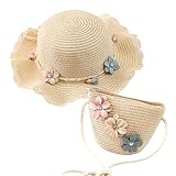 HIMKI Strohhut Tasche Set Kinder Sonnenhut Süßer Sommer Strandhut + Strohtasche für Mädchen Reisehut mit Blumendeko für den Urlaub Reise Outdoor, Kopfumfang: 52-54 cm (Stroh, Beige-A)