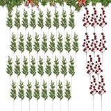 Künstliche Kiefernbeeren Stiele - Künstliche immergrüne Zypressenkiefernblätter Stiele Norfolk 30 Stück künstliche rote Kiefernstiele, Dekoration für Weihnachtsvase, Stiele C-Blätter