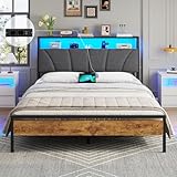 Brinlawb Bett 140x200 mit Lattenrost aus Metall, Bettgestell 140x200cm mit LED Beleuchtung Metallbett 140x200 mit Kopfteil & Ladestation(2 AC-Steckdosen& 2 USB-Anschlüsse) Jugendbett Doppelbett, Grau