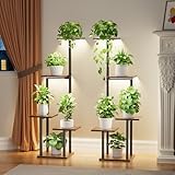 POZILAN Pflanzenregal mit Wachstumslicht - 5 Ebenen Blumenregal Metall Holz Pflanzenständer - Innen & Außen Blumentreppe - Dekoratives Schwarz Blumenständer für Indoor Garten Balkon 2 STÜCK