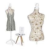 Relaxdays Schneiderpuppe weiblich, höhenverstellbar, H x B x T: 167 x 41 x 34 cm, Schaufensterpuppe, Dekobüste, Creme