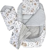 Medi Partners Babynest Nestchen Baby Set für Neugeborene - 100x60x15 Kuschelnest 5 teilig tragbar Nest zweiseitig Babynestchen Bett 100% Baumwolle (REH mit Grauem Minky)