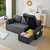 Merax Sofa Ecksofa mit Schlaffunktion, Praktisches Schlafsofa mit Bettkasten, Schlafcouch mit Stauraum, Getränkehalter und Seitentaschen, Modernes L-förmiges Couch für Wohnzimmer, Schlafzimmer, Grau