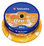 Verbatim DVD-R 16x Matt Silver 4.7GB, 25er Pack Spindel, DVD Rohlinge beschreibbar, 16-fache Brenngeschwindigkeit & Hardcoat Scratch Guard, DVD-R Rohlinge, DVD leer, Rohlinge DVD