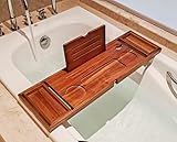 Badewannenablage, Teakholz-Badewannenablage ausziehbar auf 108 cm - für Handy, Wasserglas, Weinglas, Tablet-Träger & doppelseitige Handtuchbox