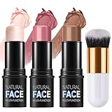 3Pcs Contour Highlighter Blush Sticks mit Pinsel - Creme Contour Bronzer Stick für Wangen Augen Lippen, lang anhaltende wasserdichte glatte Make-up-Sticks für alle Hauttypen Gesicht Make-up (Set B)