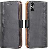 ROJIOJIO Handyhülle für iPhone X, iPhone XS Leder Handytasche Kartenfach Klappständer Magnetisch Lederhülle für iPhone X/iPhone XS Hülle, Schwarz