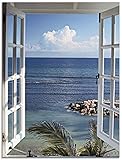 ARTLAND Glasbilder Wandbild Glas Bild einteilig 60x80 cm Hochformat Strand Meer Küste Palmen Ausblick Natur Fensterblick Maritim Blau T9II