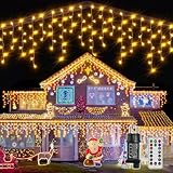 Ollny Eisregen Lichterkette Außen 15M 600 LED Weihnachtsbeleuchtung Außen mit Stecker Fernbedienung Wasserdicht 8 Leuchtmodi Lichterkette Außen Warmweiß für Balkon Dachrinne Fenster Haus Geländer