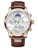 LIGE Herrenuhr Chronograph Multifunktionale Wasserdichter Business Casual Sport Leuchtende Datum Kalender Leder Strap Analog Quarz Armbanduhr für Männer Braun Weiß