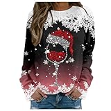 Weihnachtspullover Damen Elegant Weihnachten Rundhals Langarm Sweatshirt Rot Weinglas Print Shirts Casual Weihnachts Pullover Christmas Sweat Oberteile Tops für Frauen Teenager Mädchen 2024