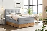 Belanoti MARBO Boxspringbett 140x200 mit Bettkasten 7-Zonen Taschenfederkern Matratze inklusive Visco Topper Bett 140x200 Eiche in der Farbe Hellgrau H2/H3 Polsterbett mit Massivholz Eiche