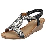 Elastische Damen-Sandalen, offene Zehen, Keilabsätze, weiche Unterseite, atmungsaktiv, Slingback-Sandalen für Damen, Schwarz , 40 EU