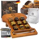 Whiskey Steine Set- 9 Tigeraugen Steine- Graviertes Bambus Gestell- Kühlsteine- Whisky Geschenke für Männer- Wiederverwendbare Eiswürfel- Whiskey Stones- Whisky Geschenkset