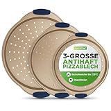 NutriChef Pizzablech 3er-Set Gold – Ø 35,6 cm, Antihaft, Gelocht, Carbonstahl Mit Griff & stapelbar | Für Pizza, Flammkuchen, Brot | Spülmaschinengeeignet & BPA-frei