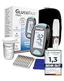 GLUCOFAST Duo Blutzuckermessgerät Starter-Set mit 10x Teststreifen & Lanzetten, Blutzuckermessung in mg/dl, Diabetes Zuckermessgerät mit hoher Genauigkeit