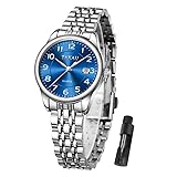 Taxau Silber Uhren Damen Womens Watch Edelstahl Uhr Mode Blaues Zifferblatt Analoge wasserdichte Quarzuhr Mit Datum Eleganz Armbanduhr 8863